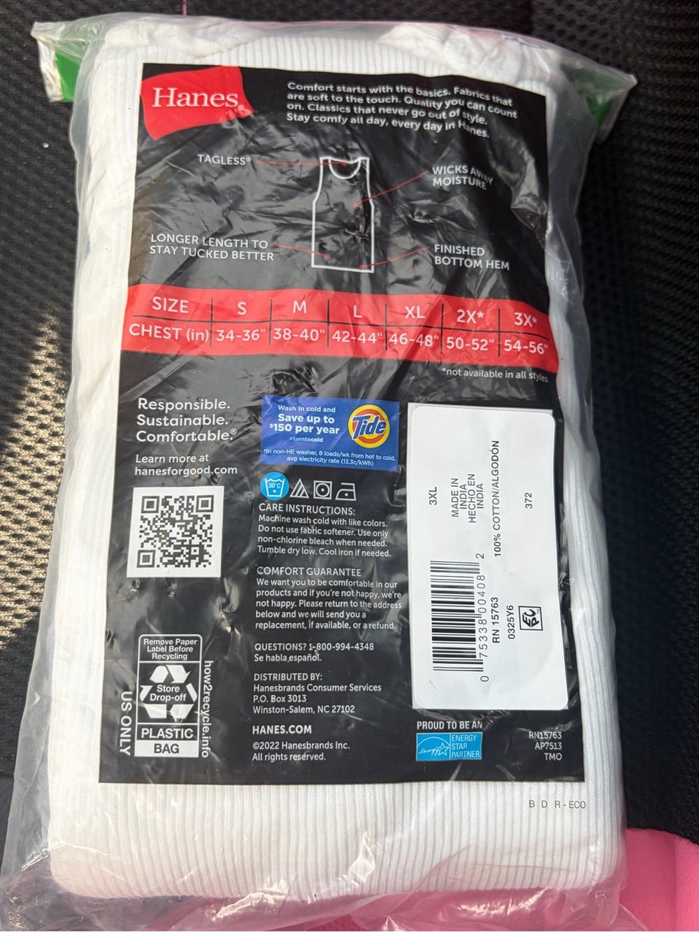 Hanes White 3-Pack Tagless Ribbed Tank Tops - 3XL - Picture 3 of 3